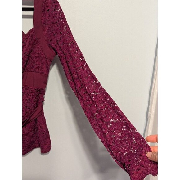 Vintage Bebe 90s Burgundy Red Lace Long Sleeve Sweetheart Top Clubwear Y2K Med - Picture 3 of 8